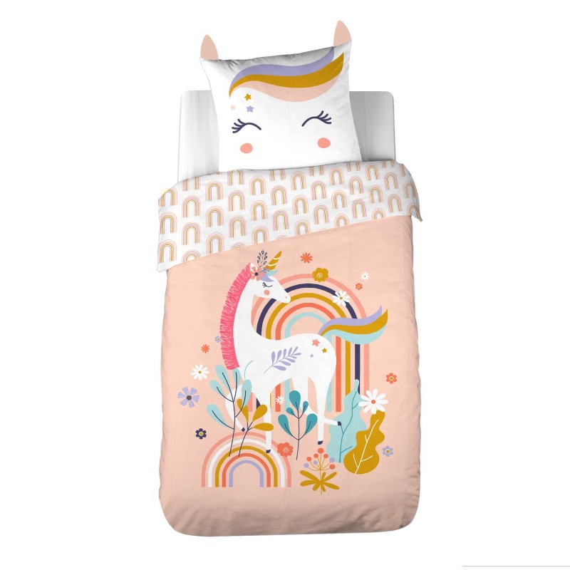 Parure de lit enfant Licorne avec oreilles rembourrées - 100% coton 57 fils/cm² - 140 x 200 cm