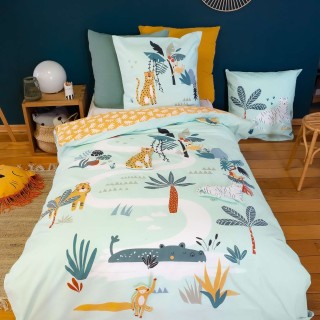 Parure de lit enfant Jungle avec animaux à scratcher - 100% coton 57 fils/cm² - 140 x 200 cm