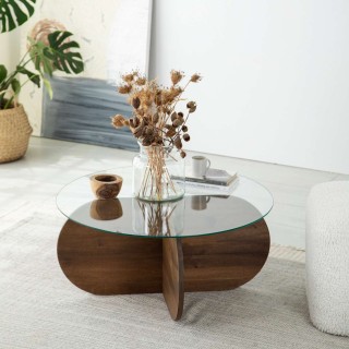 Table basse ronde Luminix en verre et bois massif - Marron foncé