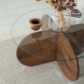 Table basse ronde Luminix en verre et bois massif - Marron foncé