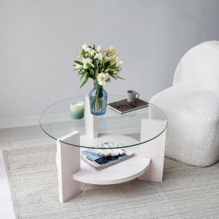 Table basse ronde 1 étagère Auréline en verre et bois - Transparent et Blanc