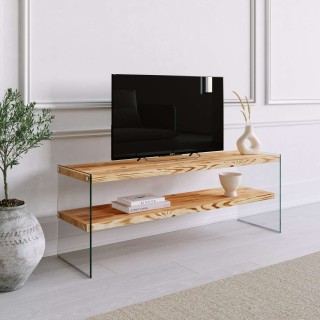 Meuble TV 1 étagère Crustallia en verre et bois - Transparent et beige