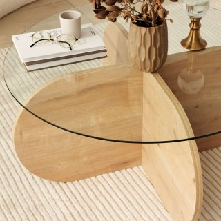 Table basse ronde Luminix en verre et bois - Beige