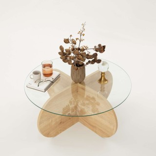 Table basse ronde Luminix en verre et bois - Beige