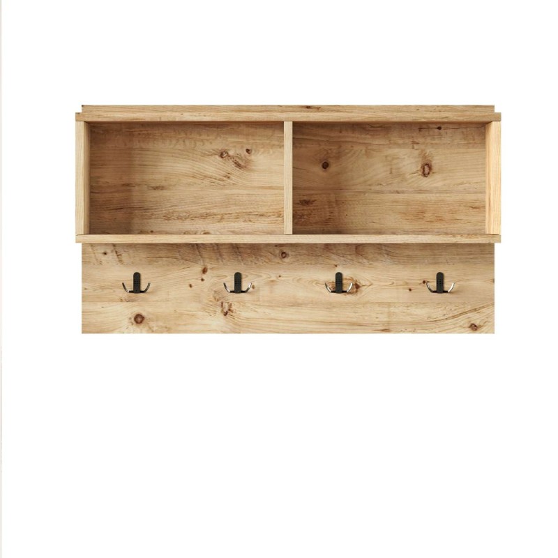 Etagère murale 2 niches et patères en bois - Beige