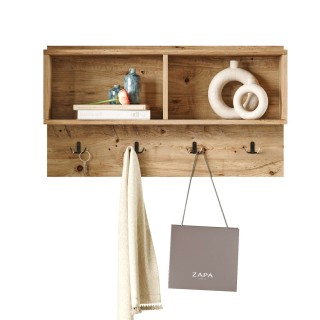 Etagère murale 2 niches et patères en bois - Beige