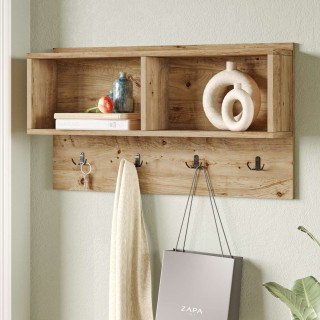 Etagère murale 2 niches et patères en bois - Beige