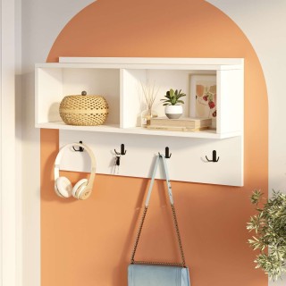 Etagère murale 2 niches et patères en bois - Blanc