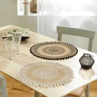 Set de table en jute avec pompons Azusa - Diam. 38 cm - Blanc