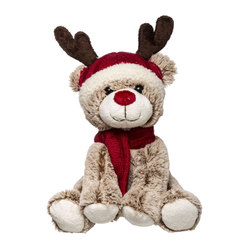 Peluche de Noël Ours avec écharpe et bonnet renne - H. 35 cm - Marron et rouge