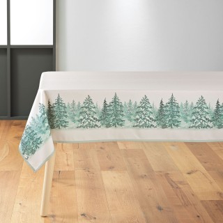 Nappe rectangulaire antitache et infroissable Forêt enneigée - 150 x 300 cm - Beige et vert