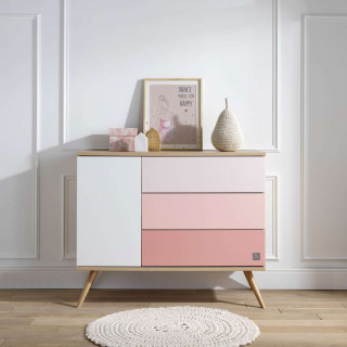 Commode 1 porte et 3 tiroirs Seventies - Sauthon - Rose et blanc