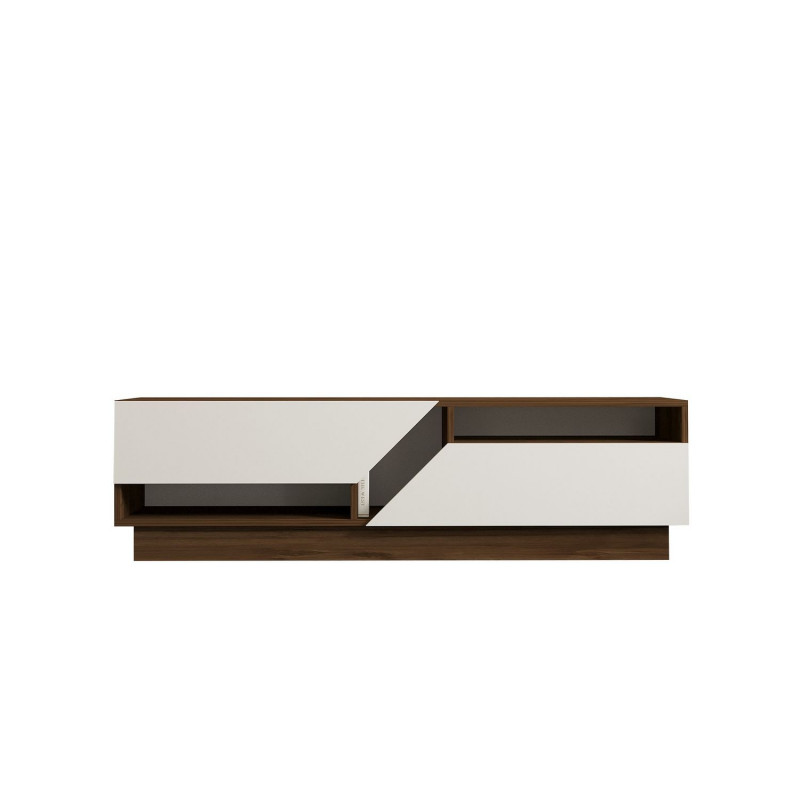 Meuble TV 2 portes basculantes effet bois ELIOTT - Marron et blanc Meuble TV 2 portes basculantes effet bois ELIOTT - Marron et blanc