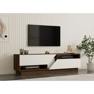 Meuble TV 2 portes basculantes effet bois ELIOTT - Marron et blanc
