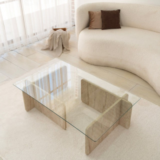 Table basse rectangulaire effet travertin et verre - Beige