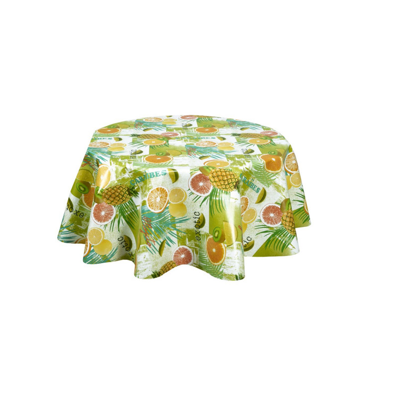 Nappe ronde en toile cirée  tropicale Caraibes - Diam. 135 cm - Vert