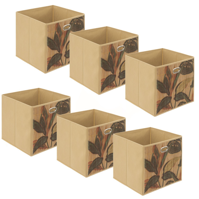 Lot de 6 Boîtes de rangement imprimé tropical en bambou et tissu Palawan - Marron et noir