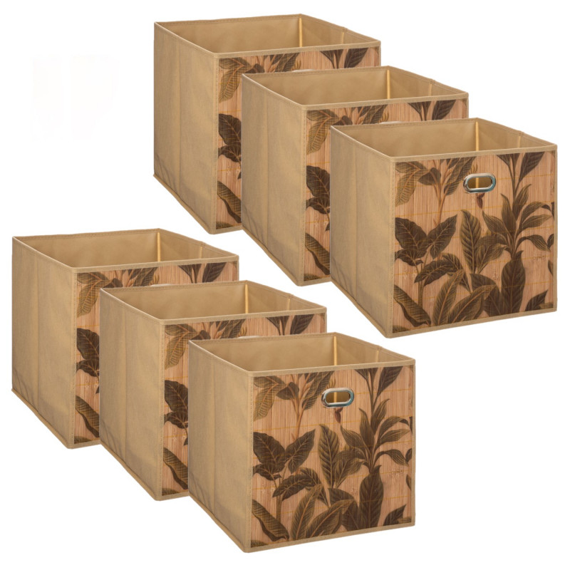 Lot de 6 Boîtes de rangement imprimé tropical en bambou et tissu - Marron