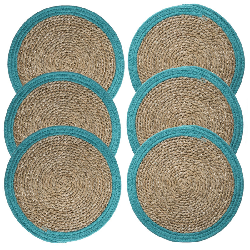 Lot de 6 sets de table rond en roseau et coton Pop - Diam. 38 cm - Bleu