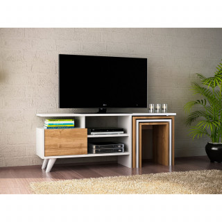 Meuble TV avec 3 niches de rangement 1 porte et 3 tables d'appoint en panneaux de particules - Beige et blanc