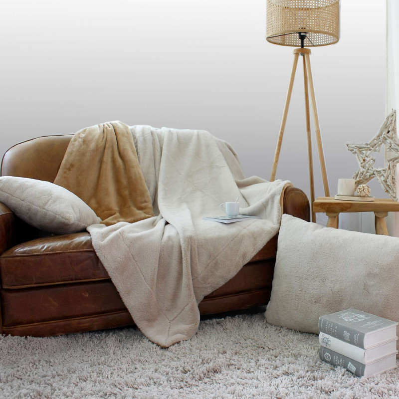 Couverture AZURA douce 2 tons et flanelle - 220 x 180 cm - Beige