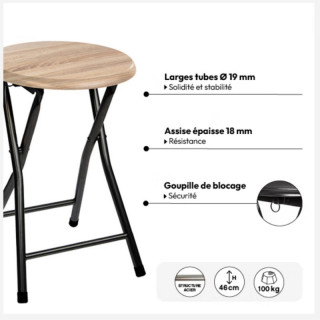 Lot de 10 tabourets d'appoint pliants effet bois et métal noir