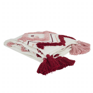 Jeté de canapé Ethnique avec Pompons Tufté - Beige et rose