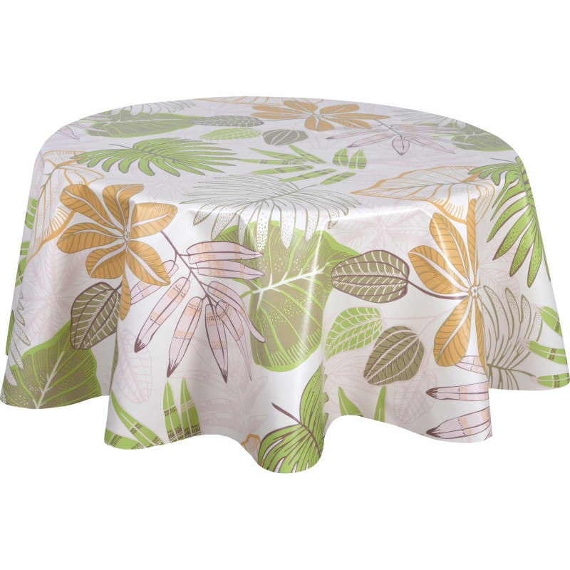 Nappe en toile cirée ronde motifs jungle MALLORCA - Diam. 135 cm - Beige