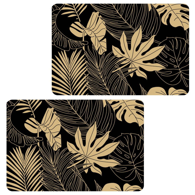 Lot de 2 sets de table motif feuillage avec encre métallique LYRA - 30 x 45 cm - Or et noir Lot de 2 sets de table motif feuillage avec encre métallique LYRA - 30 x 45 cm - Or et noir