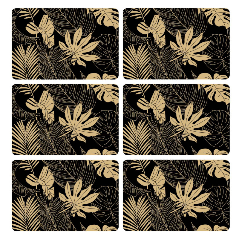 Lot de 6 sets de table motif feuillage avec encre métallique LYRA - 30 x 45 cm - Or et noir Lot de 6 sets de table motif feuillage avec encre métallique LYRA - 30 x 45 cm - Or et noir