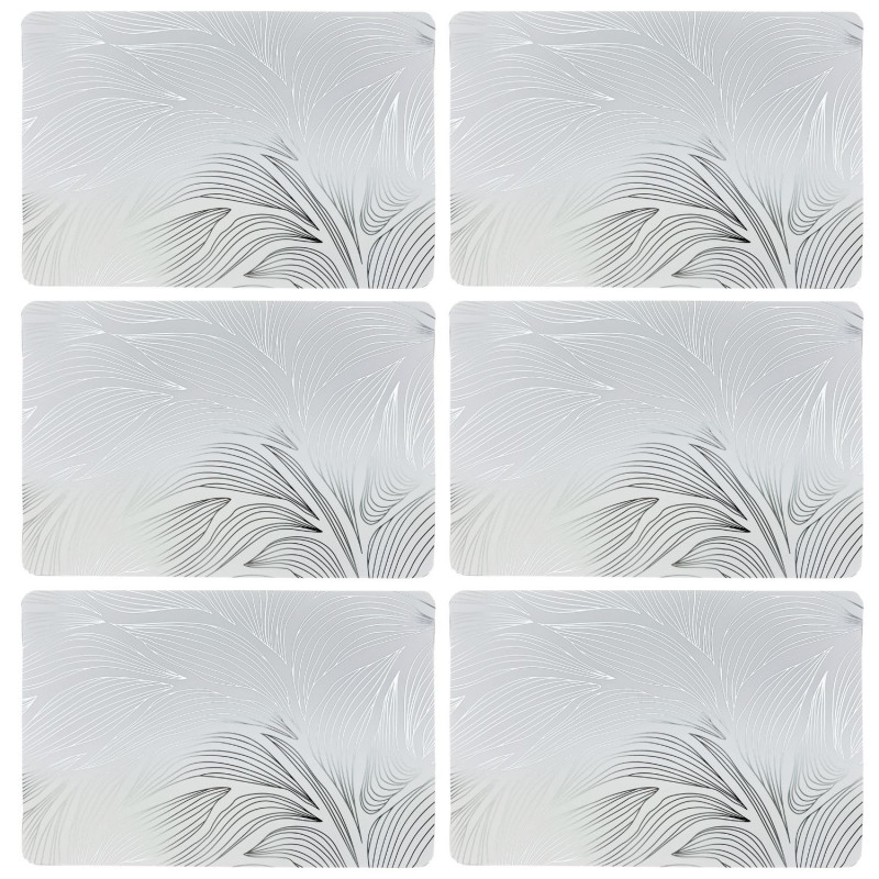 Lot de 6 sets de table motif feuillage avec encre métallique EDEN - 30 x 45 cm - Argent et blanc Lot de 6 sets de table motif feuillage avec encre métallique EDEN - 30 x 45 cm - Argent et blanc