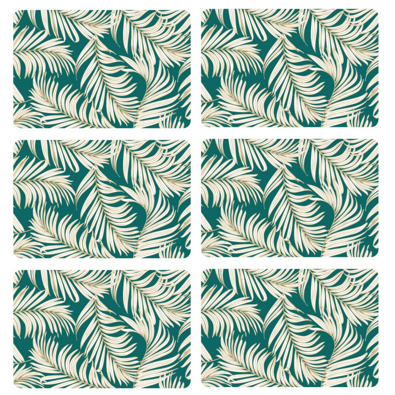 Lot de 6 sets de table motif feuillage avec encre métallique ARLO - 30 x 45 cm - Or et vert Lot de 6 sets de table motif feuillage avec encre métallique ARLO - 30 x 45 cm - Or et vert