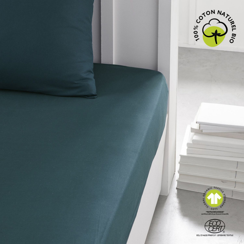 Drap housse 2 places - 100% coton BIO - 140 x 200 cm - Vert paon