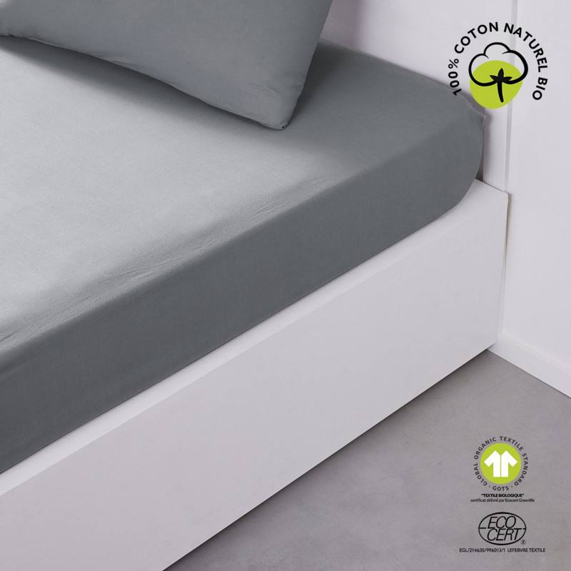 Drap housse 2 places - 100% coton BIO - 160 x 200 cm - Gris acier