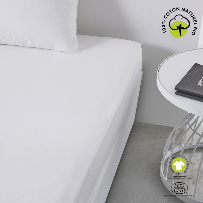 Drap housse 2 places - 100% coton BIO - 160 x 200 cm - Blanc craie