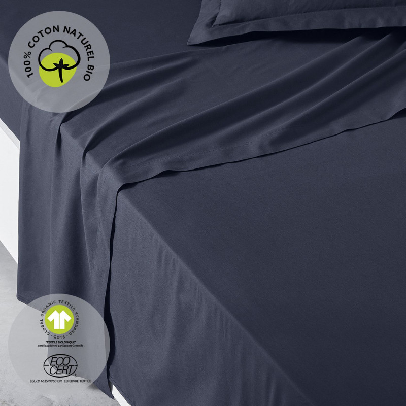 Drap plat - 100% coton BIO - 300 x 240 cm - Bleu navy