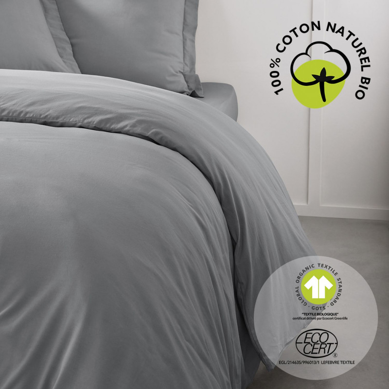 Housse de couette 2 places - 100% coton BIO - 220 x 240 cm - Gris acier
