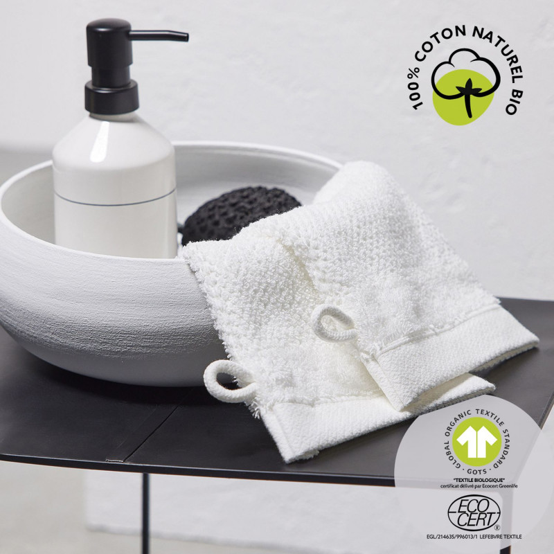 Lot de 2 gants de toilette - 100% coton BIO - Blanc craie