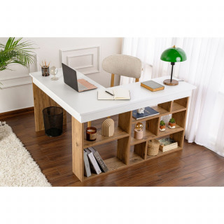 Bureau d'angle avec étagères en bois VESPER - Blanc et marron