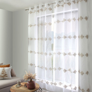 Voilage brodé horizontal EBENE - 140 x 240 cm - Blanc et beige