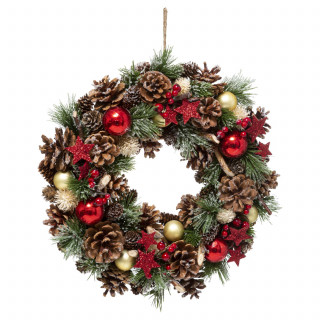 Couronne de Noël houx et étoiles à suspendre - D. 35 cm - Rouge et vert