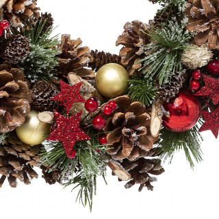 Couronne de Noël houx et étoiles à suspendre - D. 35 cm - Rouge et vert
