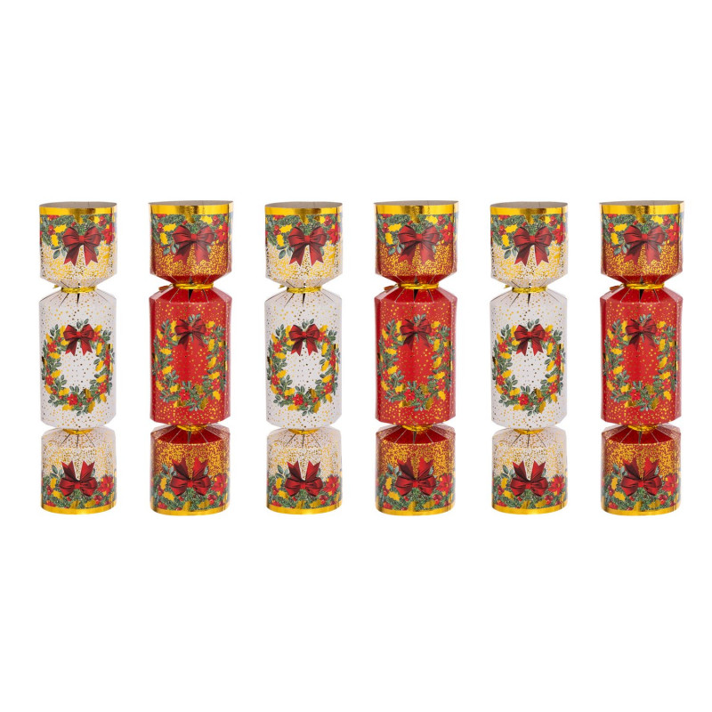 Lot de 6 crackers imprimés Couronne de Noël - Rouge et blanc