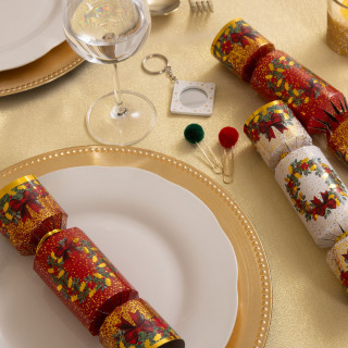 Lot de 6 crackers imprimés Couronne de Noël - Rouge et blanc