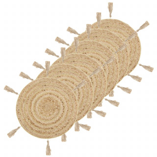Lot de 6 sets de table en jute avec pompons - Diamètre 38 cm - Beige
