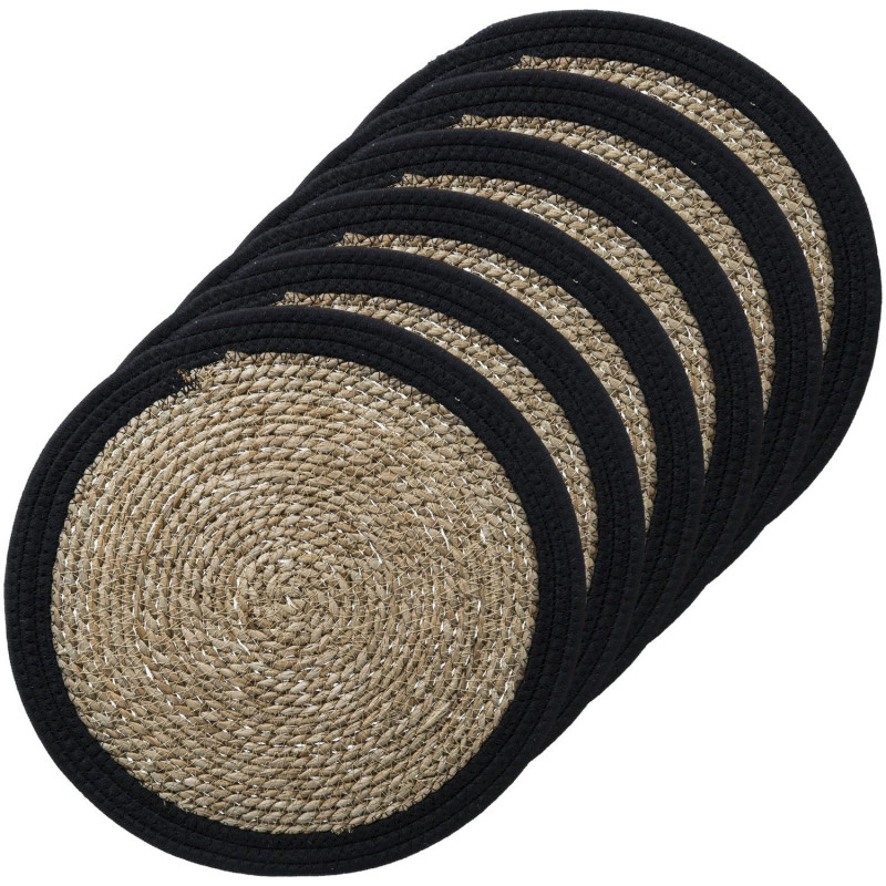 Lot de 6 sets de table rond en roseau et coton Pop - Diam. 38 cm - Noir