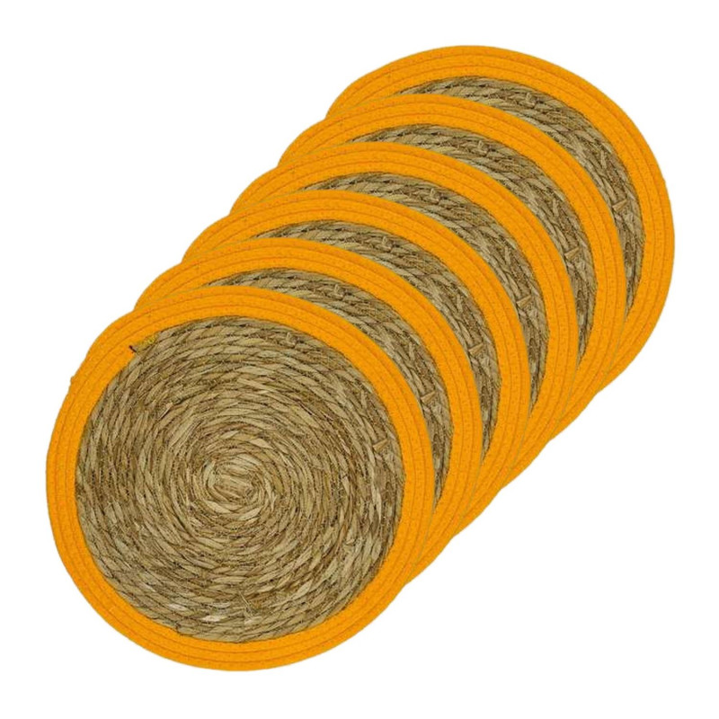 Lot de 6 sets de table rond en roseau et coton Pop - Diam. 38 cm - Orange