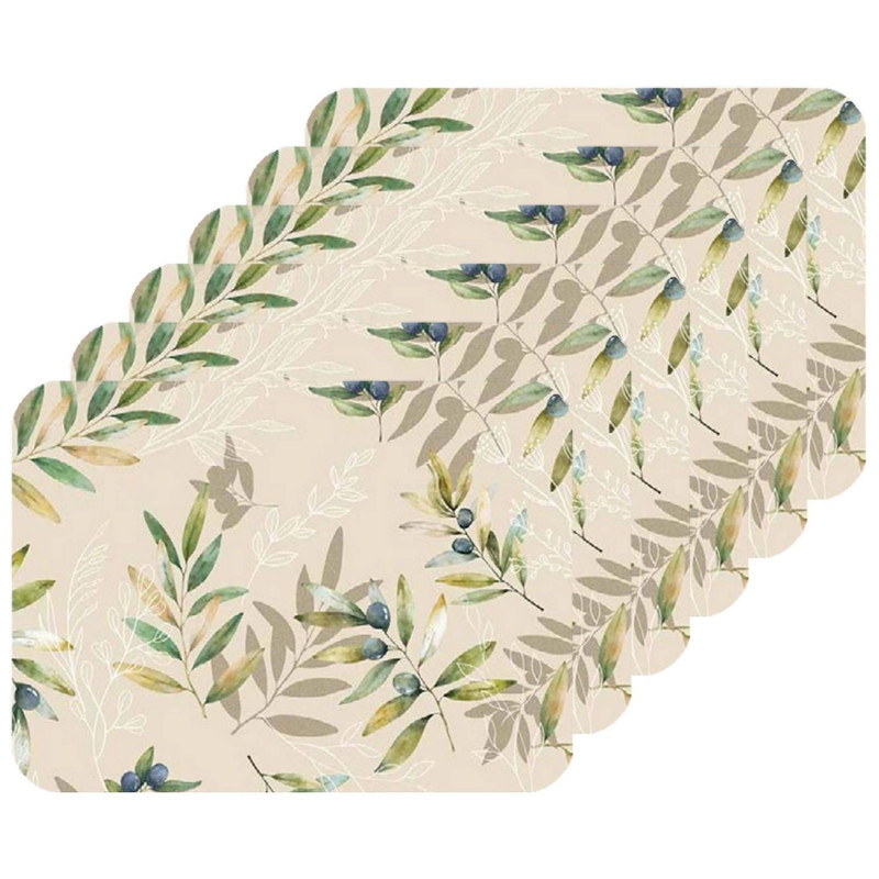 Lot de 6 sets de table motif provençal OLIBA - 28 x 43 cm - Beige et vert
