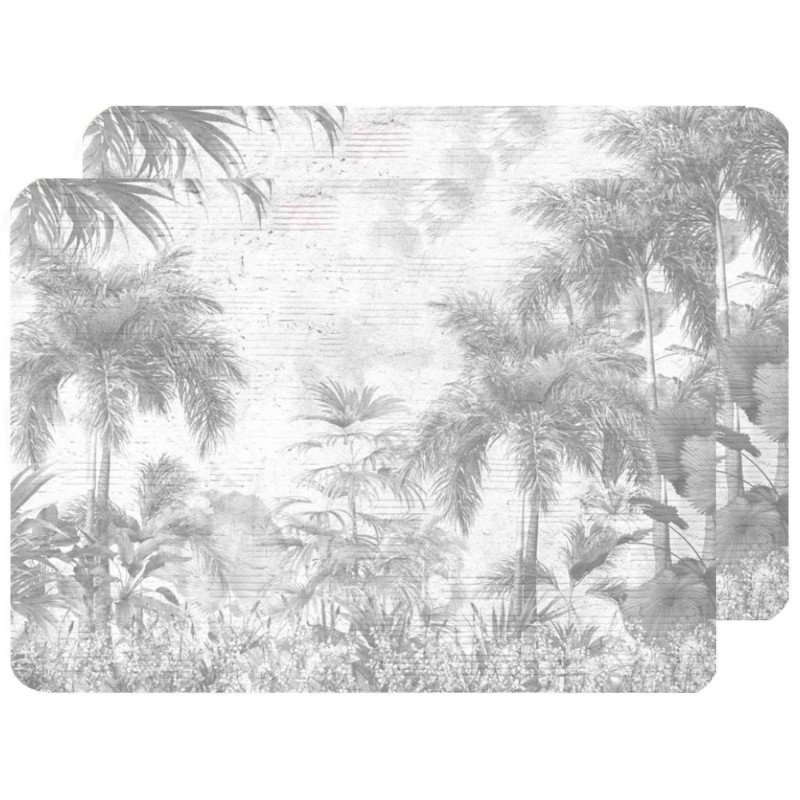 Lot de 2 sets de table motifs jungle SAGE - 28 x 43 cm - Gris et blanc