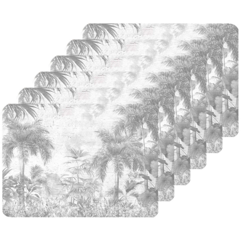 Lot de 6 sets de table motifs jungle SAGE - 28 x 43 cm - Gris et blanc